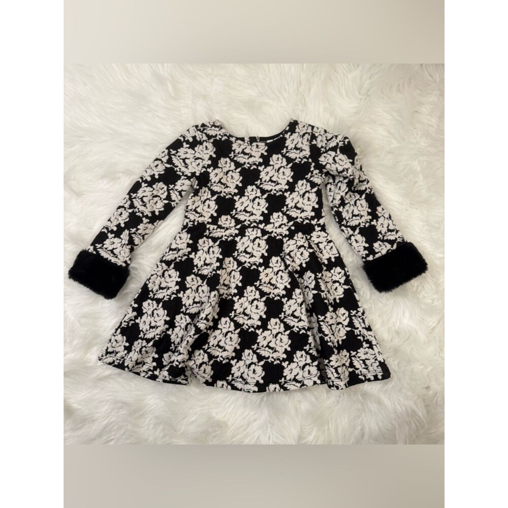 Janie and Jack Black Floral Dress Size 3 | Faux Fur Cuff Holiday Dress EUC - Picture 2 of 10